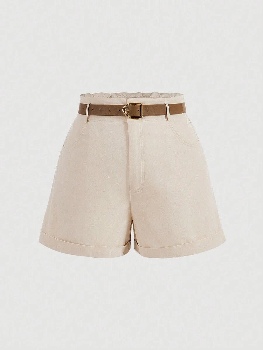 SHEIN MOD Plus-Size Vintage Belted Apricot Shorts - Apricot - View 1