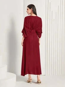 Modelyn 勃艮第红色女式贴花装饰褶皱蝙蝠袖长袍连衣裙 - 酒紅色 - 查看 2