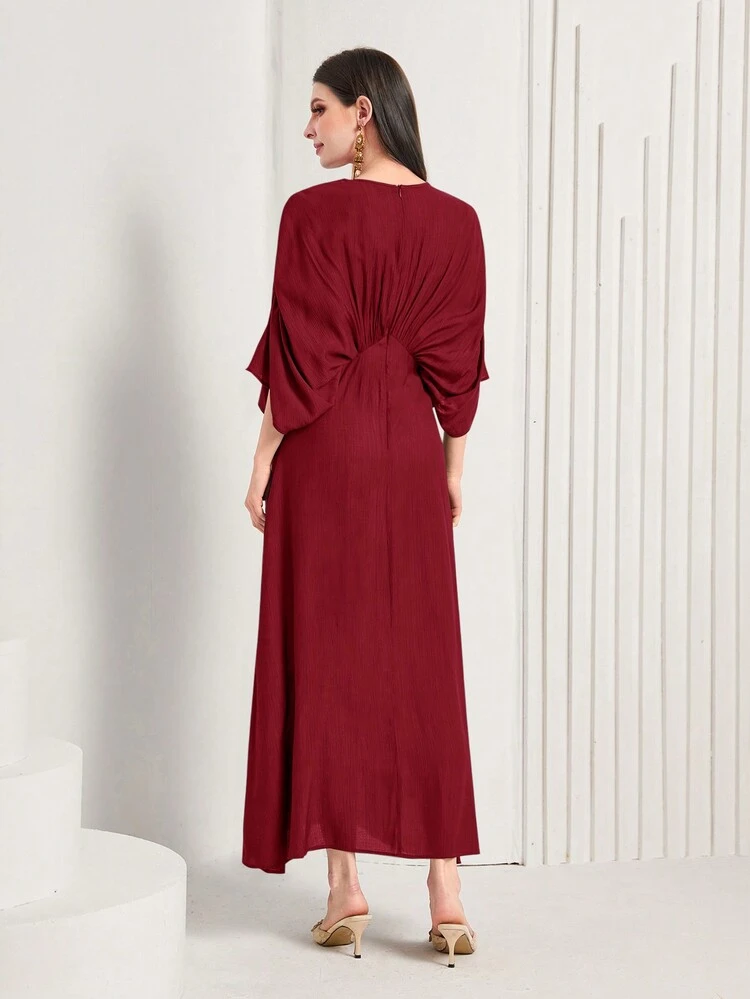 Burgundy Red Women's Applique Decorated Pleated Batwing Sleeve Kaftan Dress