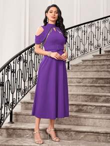 Modelyn Vestido midi de mujer de unicolor con hombros abiertos, cuello alto y flecos - Morado Violeta - Ver 4