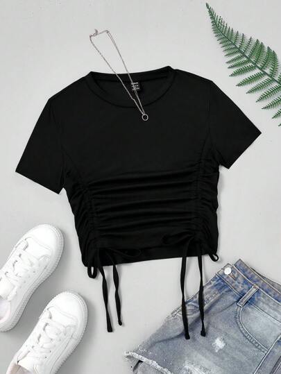 Elamini Solid Color Drawstring Side T-Shirt