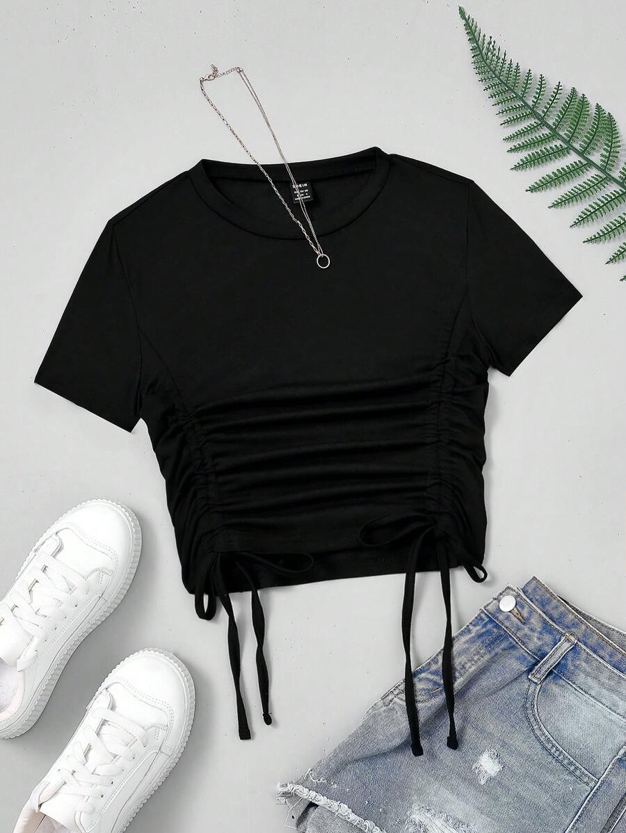 Elamini Solid Color Drawstring Side T-Shirt - Black - View 1