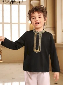 男童舒適拼布編織腰帶長袖休閒襯衫 - 黑色 - 查看 3