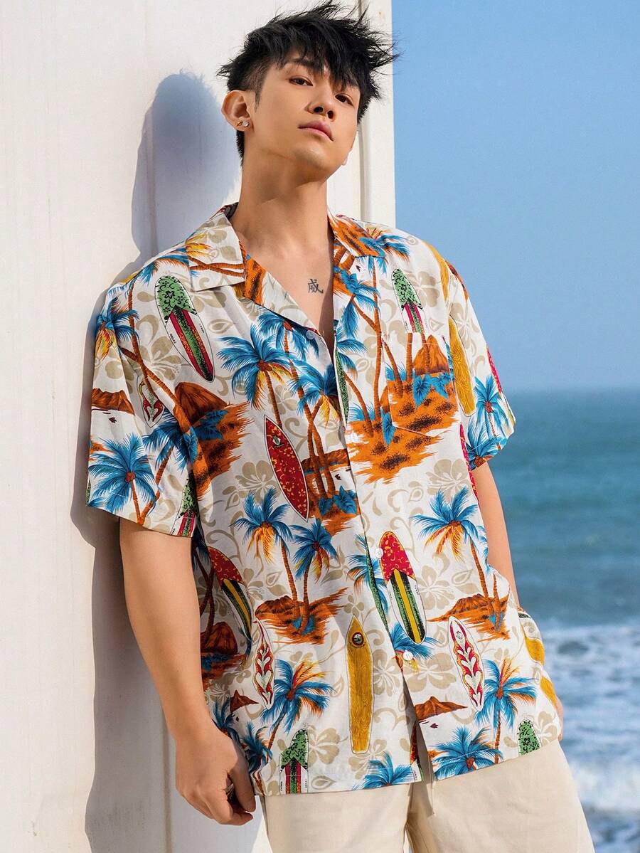DAZY Men's Palm Tree Print Summer Beach Hawaiian Shirt SHEIN USA