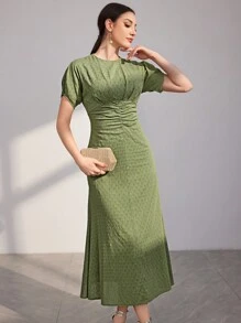Modelyn Ladies' Solid Color Texture Pleated Waist Dress