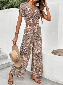 SHEIN Frenchy Conjunto De Blusa De Manga Murciélago Con Estampado Paisley De Cintura Alta Y Pantalones, Con Torcedura En La Parte Frontal Para Mujeres - Multicolor - Ver 4