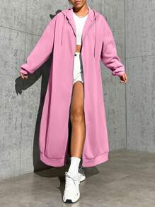 SHEIN EZwear 女式長款拉鍊前開帽衫外套 - 粉色 - 查看 6
