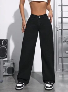 SHEIN PETITE Jeans Holgados De Cintura Media Para Mujer - Negro - Ver 3