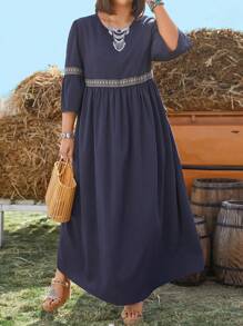 SHEIN LUNE 加大尺碼女士拼接編織帶休閒長款嬰娃裝連身裙 - 藍色 - 查看 1