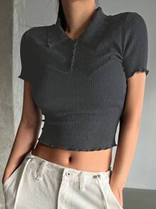 DAZY Của phụ nữ Màu thuần Kết cấu Vòng cổ Quần skinny Gầy Ngắn tay Áo thun - màu đen - Xem 1