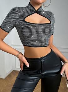 SHEIN Allurite Của phụ nữ Sườn xám Phong cách Lụa Có nút Ngắn tay Quần skinny Áo thun Với Sáng bóng Hiệu ứng - Bạc - Xem 5