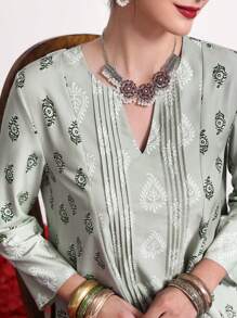 Divindia Vestido Impreso De Estilo Femenino Con Escote En V Y Detalles Plisados