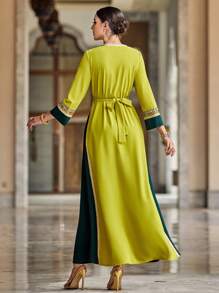 Al Najma Color Block Long Sleeve Dress With Rhinestone Decoration, Elegant Evening Party Maxi Modest Dress Kaftan Arabian Dress