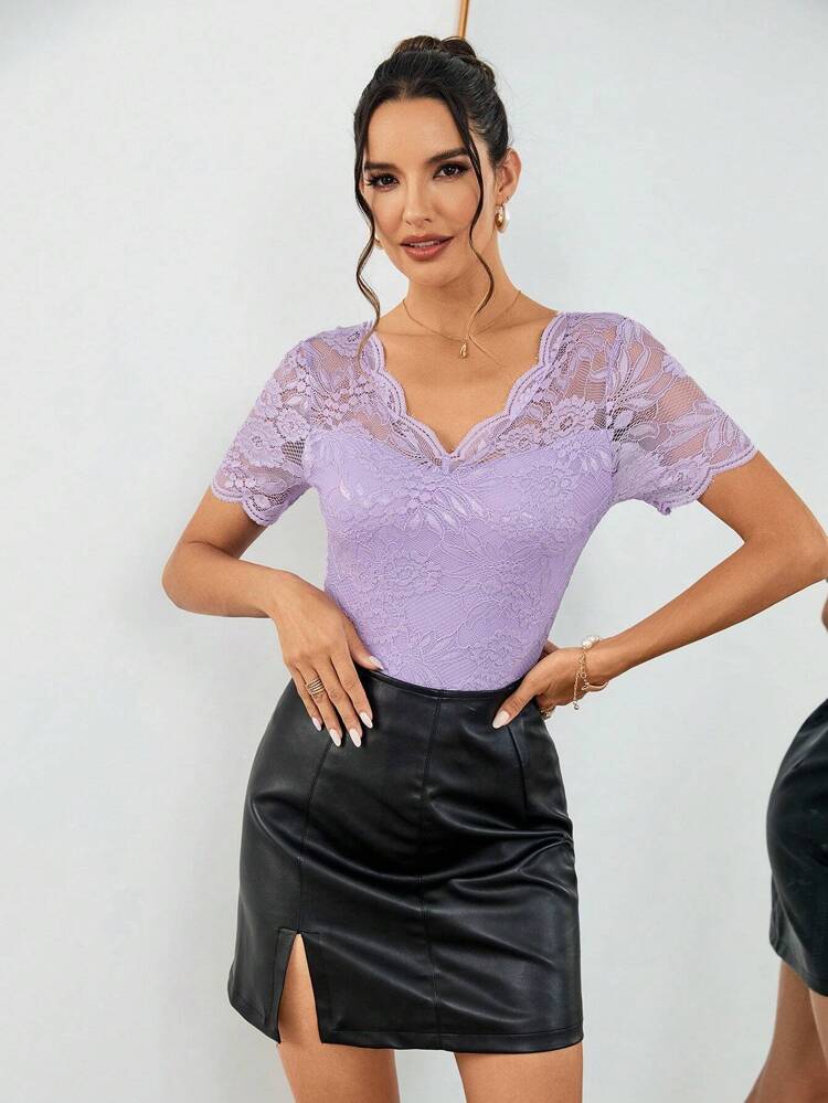 Ladies' Romantic Purple Lace Bodysuit With V Neckline And Sheer Details