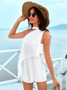 SHEIN VCAY 假期非對稱領口無袖連體褲 - 白色 - 查看 3