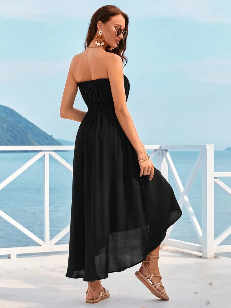 Vacation Button Decoration Strapless Dress, Maxi Women Dresses