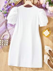 SHEIN Tween Girls' Cartoon Girl Pattern Bubble Sleeve T-Shirt Dress - White - View 2