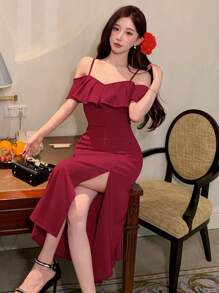 DAZY 露肩荷叶边开衩连衣裙 舞会礼服 吊带裙 红色女装 优雅女装