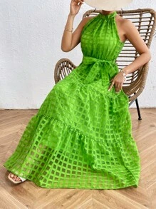 Breezaya Vestido Largo Sin Mangas De Un Solo Color Con Cuello Alto - Verde - Ver 3