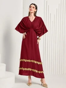 Modelyn 勃艮第红色女式贴花装饰褶皱蝙蝠袖长袍连衣裙 - 酒紅色 - 查看 5