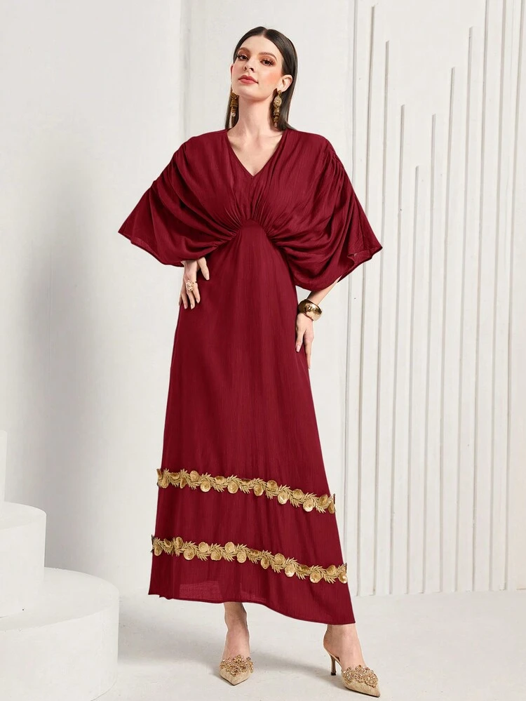 Burgundy Red Women's Applique Decorated Pleated Batwing Sleeve Kaftan Dress