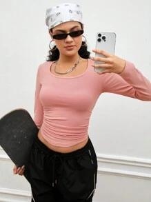 Streetz SHEIN Sport Women's Ruched Long Sleeve Compression Training T-Shirt - Pink - View 4