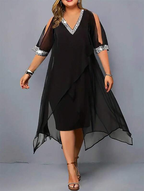 EMERY ROSE Women Plus Size Sequin Patchwork Asymmetrical Hemline Dress, Summer Outfit