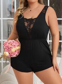 蕾絲拼接深v領性感吊帶連體睡衣 - 黑色 - 查看 1