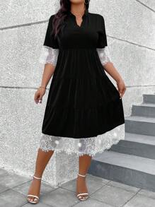 SHEIN Clasi Plus Size Women's Patchwork Lace Short Sleeve Dress - Black - View 4