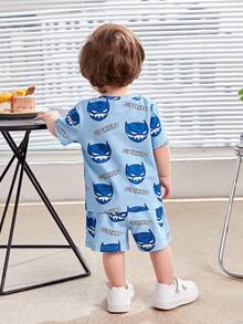 SHEIN 嬰兒男女休閒可愛卡通圖案針織短袖t恤短褲套裝 - 彩色 - 查看 2