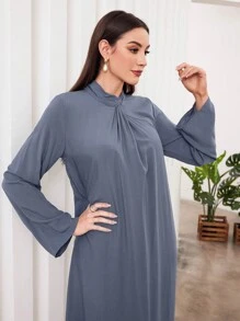 Al Najma Arabic Long Sleeve Dress With Twist Knot At The Collar - Blue - View 5