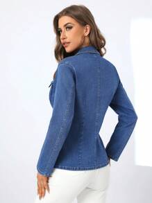 SHEIN Privé Cazadora De Mezclilla De Manga Larga Con Múltiples Bolsillos Para Mujeres - Azul - Ver 2