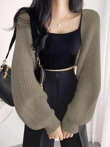 DAZY Women's Long Sleeve Cropped Cardigan With Open Front - Khaki - View 5