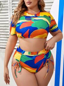 SHEIN Swim Curve 加大碼彩色拼接圓領修身泳衣套裝 - 彩色 - 查看 1