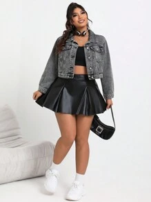 SHEIN EZwear Kích thước lớn Không Căng Ngắn Áo khoác denim Với nút Mặt trước - Màu xanh lam - Xem 4