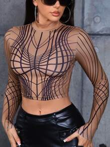 SHEIN ICON Y2k線條印花修身款短袖t恤 - 彩色 - 查看 1