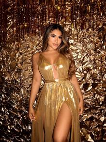 SHEIN SXY Hermoso Vestido Dorado Recubierto De Metal Con Cintura Ajustada Sin Espalda, Abertura Alta En El Muslo, Escote En V Profundo Para Fiesta Formal - Dorado - Ver 5
