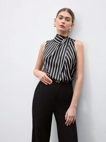 BizChic Women's Striped Asymmetrical Collar Tie Back Crop Top