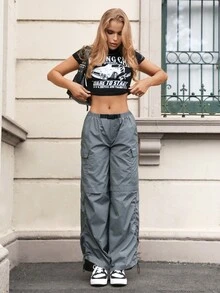 SHEIN EZwear Women's Gray Woven Cargo Pants With Pockets - Grey - View 6