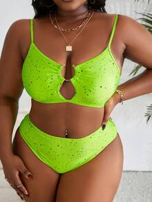 SHEIN Swim Curve Kích thước lớn Ink Splash In Xu hướng: Cắt giảm Bộ Bikini Đối với Bơi lội - màu xanh lá - Xem 4
