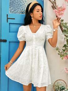 Soleia Vestido Acampanado Con Mangas Abullonadas - Blanco - Ver 3