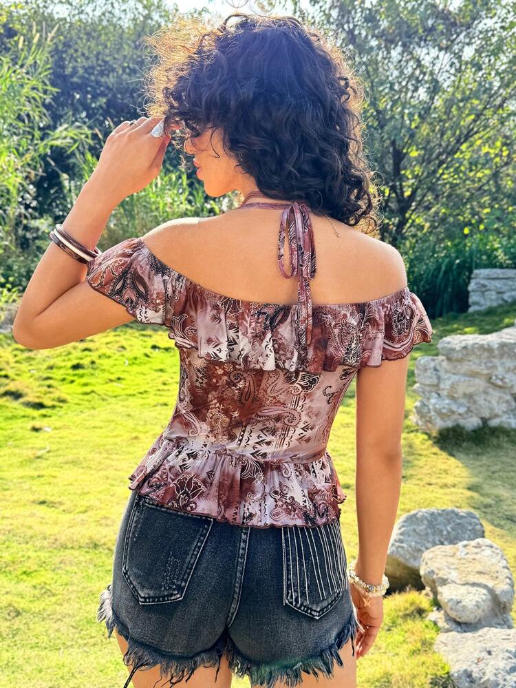 Halter Ruffle Hem Two Layers Top Concert Country Concert Tops