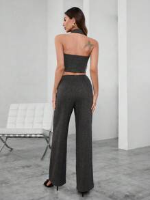 GENKIRA Women's Button Up Backless Halter Neck Vest Suit Jacket & Pants Set - Black - View 2