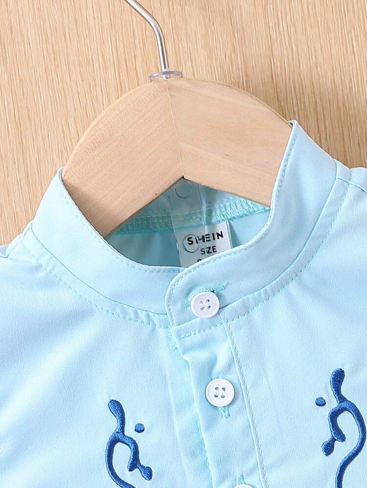 2pcs/Set Baby Boy Spring And Summer Fashionable Positioning Embroidery Short-Sleeved Top And Denim Shorts