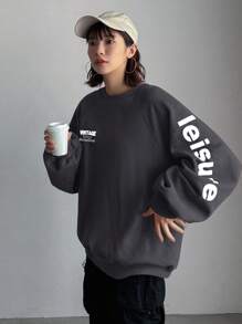 FRIFUL Moletom de Ajuste Solto com Manga Raglan e Estampa de Letra RETRO Equilíbrio Trabalho-Vida CONTINUE SORRINDO ESTILO VINTAGE, Tops de Manga Longa - Chumbo - Visão 5
