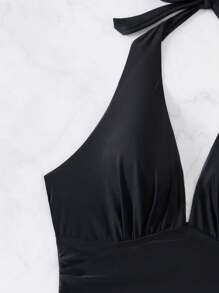 SHEIN Swim Summer Women's Deep V Ruched Leopard Print Split Two-Piece Tankini - Black - View 4