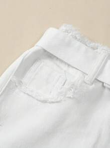 SHEIN Explorewe Tween Girl Retro Street Style Denim Skirt With Frayed Hem, Waist Belt, Loose & Comfortable Fit, School, Campus, College - White - View 5