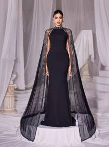 Faeriesty 优雅高领鱼尾晚礼服，搭配可拆卸装饰网眼披肩——非常适合黑色领带晚会、红毯活动、正式婚礼、晚宴和奢华慈善活动 - 黑色 - 查看 6