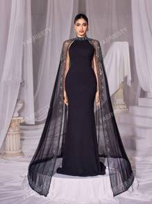 Faeriesty Vestido de noche de sirena de cuello alto elegante de Faeriesty con capa de malla adornada desmontable - Perfecto para galas de etiqueta negra, eventos de alfombra roja, bodas formales, cenas de gala y funciones benéficas opulentas