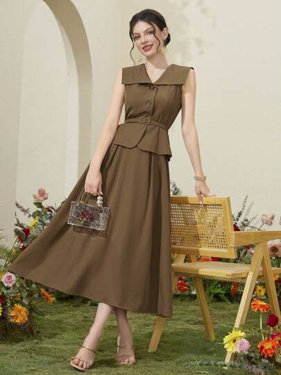 Modelyn Women's Elegant Two-Piece Set Featuring A Front-Button Sleeveless Top And A Flowy Skirt 2 Pieces Set